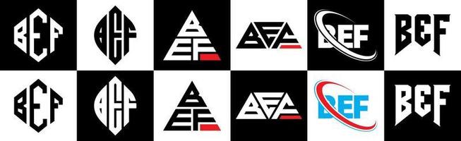 bef lettera logo design nel sei stile. bef poligono, cerchio, triangolo, esagono, piatto e semplice stile con nero e bianca colore variazione lettera logo impostato nel uno tavola da disegno. bef minimalista e classico logo vettore