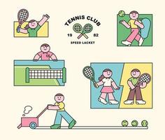 un' persona disegno un' linea su un' tennis Tribunale, un' persona trasporto un' Borsa per giocare tennis, un' persona Tenere un' tennis racchetta. vettore