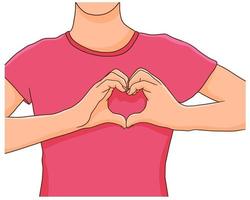 Seno cancro consapevolezza mese. donna indossare rosa maglietta, fabbricazione cuore cartello con sua mani. supporto o orgoglioso sopravvissuto concetto vettore