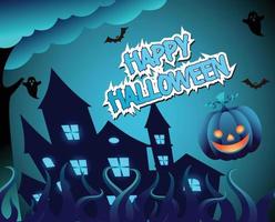 Halloween notte blu sfondo con pauroso Casa e zucca vettore