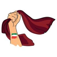 iraniano protesta contro hijab concetto.donna mano Tenere aerotrasportato hijab con bandiera di mi sono imbattuto su mano vettore poster, banner, segno.libertà per donne nel iran.protesta concetto.unione, sbandato, femminismo movimento