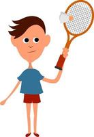 ragazzo giocando badminton, illustrazione, vettore su bianca sfondo.
