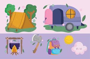 campeggio, icone camper tenda ascia bacpack pentola falò nel cartone animato stile vettore
