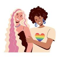 Due lesbica ragazze Sorridi e abbraccio. interrazziale lgbt, arcobaleno bandiera e gay amore vettore