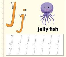 foglio di lavoro dell'alfabeto di tracciamento della lettera j con meduse vettore