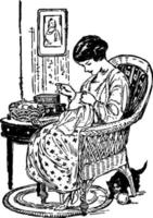 donna rammendo capi di abbigliamento mentre seduta nel un' sedia, Vintage ▾ illustrazione vettore
