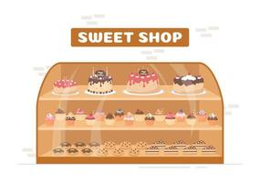 dolce negozio vendita vario forno prodotti, cupcake, torta, Pasticcino o caramella su piatto cartone animato stile mano disegnato modelli illustrazione vettore