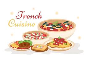 francese cucina ristorante con vario tradizionale o nazionale cibo piatto di Francia su piatto stile cartone animato mano disegnato modelli illustrazione vettore