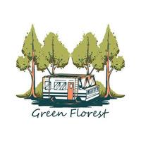 verde foresta con campeggio autobus illustrazione vettore