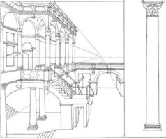 edificio con colonne e un' colonna di il composito ordine, hendrick hondius, Vintage ▾ illustrazione. vettore
