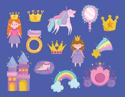 Principessa unicorno corona arcobaleno stella specchio squillare castello cartone animato icone vettore