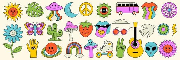 elementi nel il hippie stile di il anni '70, un' collezione di psichedelico scanalatura. cartone animato divertente funghi, fiori, la farfalla, alieno, arcobaleno, nostalgico colorato impostato di vettore forme.