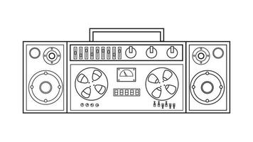 vecchio retrò Vintage ▾ musica cassetta nastro registratore con magnetico nastro su bobine e Altoparlanti a partire dal il anni '70, anni 80, anni 90. nero e bianca icona. vettore illustrazione