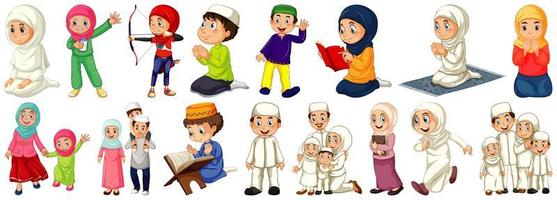 set di diversi personaggi dei cartoni animati di persone musulmane vettore