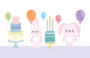 contento compleanno, carino conigli con torte e palloncini cartone animato celebrazione decorazione carta vettore