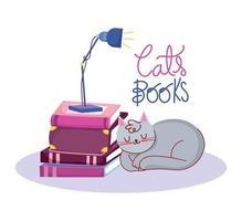 libro giorno, addormentato gatto lampada su libri vettore