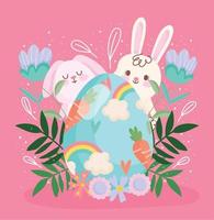 contento Pasqua carino conigli uovo con carote e arcobaleno floreale fiore decorazione vettore