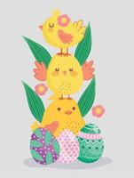 contento Pasqua carino mucchio di polli con uova fiori decorazione vettore