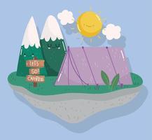 campeggio tenda foresta soleggiato giorno nel cartone animato stile design vettore