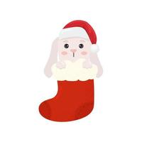 carino bianca coniglio nel Santa Claus cappello nel rosso Natale calzino . infantile vettore carattere. vettore illustrazione. Perfetto per Natale carte e decorativo design.