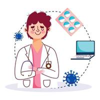 in linea Salute, medico il computer portatile prescrizione medicina covid 19 pandemia vettore