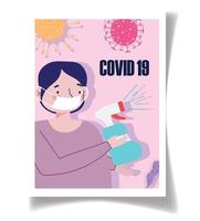 covid 19 prevenzione indossare medico maschera e spray disinfettante vettore