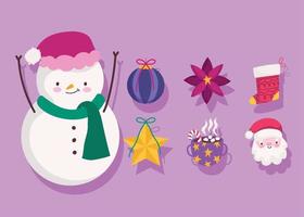 allegro Natale, pupazzo di neve Santa fiore palla e stella decorazione e ornamento stagione icone vettore