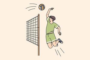 giovane sportivo uomo nel abbigliamento sportivo giocare pallavolo gettare palla al di sopra di rete. tipo giocatore impegnato nel gioco attività Seguire salutare stile di vita. sport, atleta concetto. vettore illustrazione, cartone animato carattere.