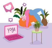 in linea yoga, donna nel posa yoga con il computer portatile e in vaso impianti camera vettore