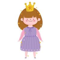 carino poco Principessa con corona nel viola vestito cartone animato su bianca sfondo vettore