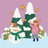 Natale ragazza e pupazzo di neve albero neve mountians cartone animato inverno tempo vettore