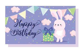 contento compleanno, poco coniglio regalo scatola gagliardetti cartone animato celebrazione decorazione carta vettore