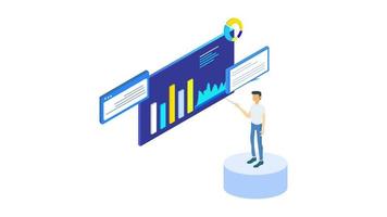 isometrico attività commerciale analitica e finanziario tecnologia, dati visualizzazione concetto. isometrico esperto squadra per dati analisi, attività commerciale statistica, gestione, consulenza, marketing. vettore