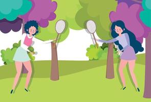 giovane donne giocando con racchette sport all'aperto salutare vita vettore