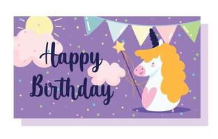 contento compleanno, carino unicorno Magia bacchetta magica gagliardetti cartone animato celebrazione decorazione carta vettore