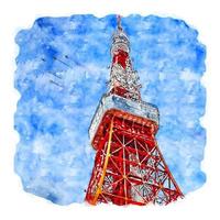 illustrazione disegnata a mano di schizzo dell'acquerello della torre di tokyo giappone vettore