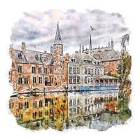 Bruges belga acquerello schizzo mano disegnato illustrazione vettore