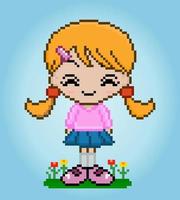Personaggio femminile a 8 bit. ragazza di cartoni animati anime in illustrazioni vettoriali per risorse di gioco o schemi a punto croce.