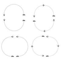 impostato di tratteggiata linea aereo, macchina, camion e bicicletta itinerario con Posizione icona piatto design vettore