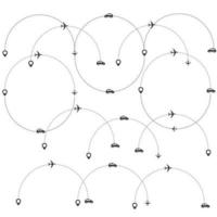 impostato di tratteggiata linea aereo, macchina, camion e bicicletta itinerario con Posizione icona piatto design vettore