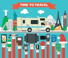 nuovo anno vacanze mondo tour design piatto con camper, trailer vettore