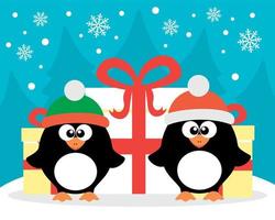 contento nuovo anno carta con pinguino Santa Claus e pinguino elfo vettore