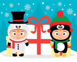 nuovo anno carta con bambini nel costume pupazzo di neve e pinguino vettore