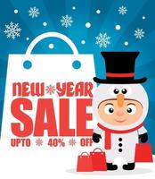 nuovo anno vendita sfondo su per 40 via con bambino nel costume pupazzo di neve.vettore illustrazione vettore