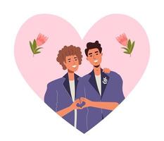 Due gay amanti. lgbt nozze. il sposa e sposo. bellissimo ragazzi con fiori. orgoglio. amore è amore vettore