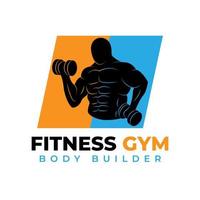 fitness corpo costruttore logo modello, silhouette di uomo con muscoli e manubri vettore