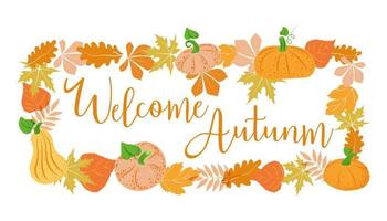 montatura e composizioni per decorare cartoline. zucche e autunno le foglie nel luminosa arancia. il iscrizione ciao, autunno . adatto per manifesti e inviti vettore