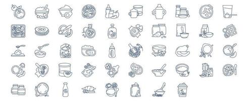 collezione di icone relazionato per bambino cibo, Compreso icone piace Mela succo, purea, torta e di più. vettore illustrazioni, pixel Perfetto impostato