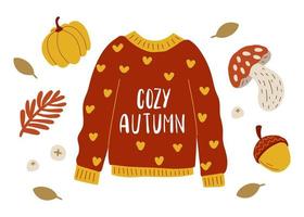 caldo maglione con lettering accogliente autunno. caldo Abiti, zucca, autunno foglia autunno, funghi e ghianda. autunno e caldo Abiti vettore