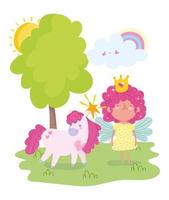 piccola fata principessa con bacchetta magica e unicorno vettore